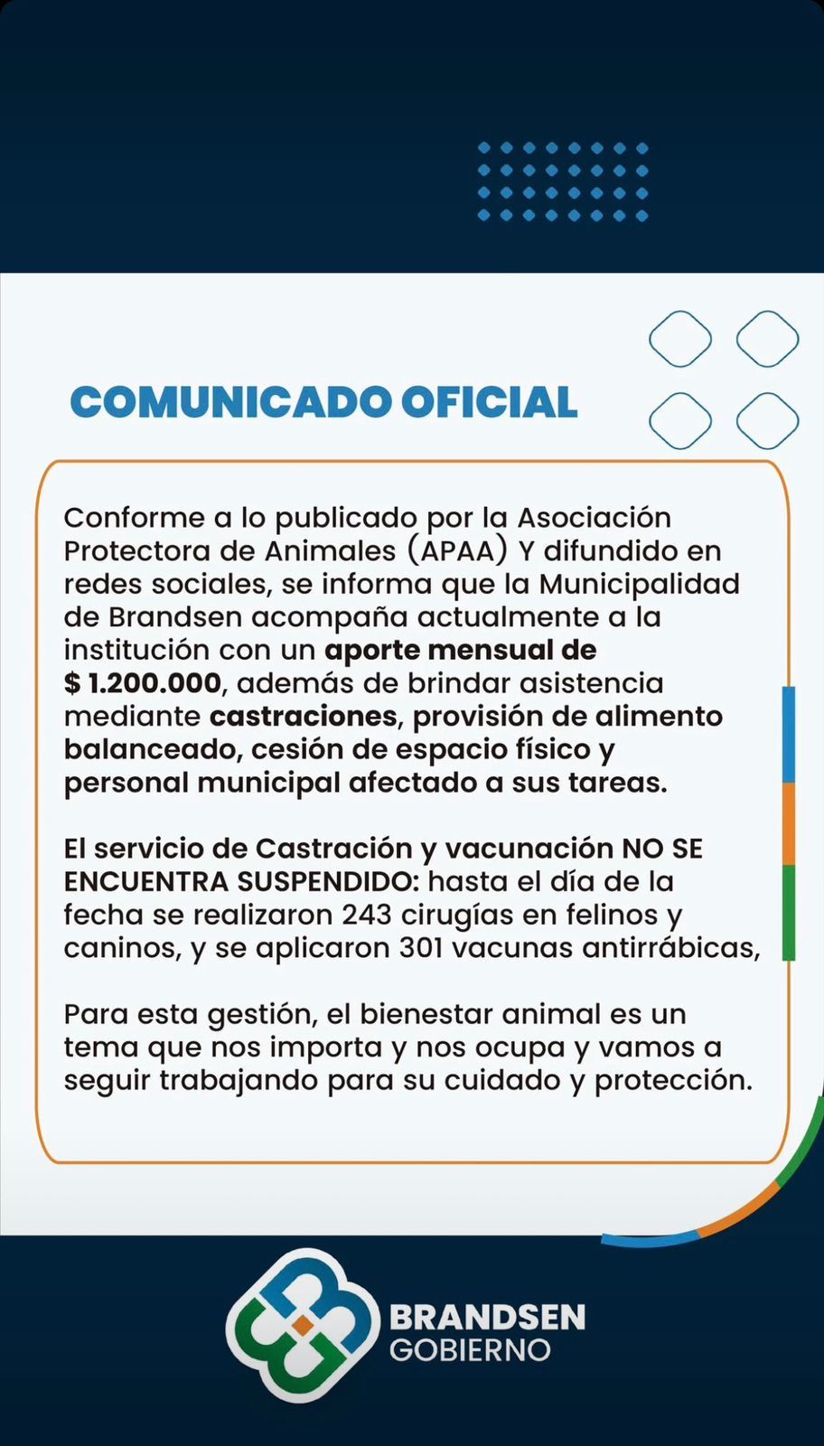 COMUNICADO OFICIAL DE LA MUNICIPALIDAD SOBRE LA SITUACION DE APAA